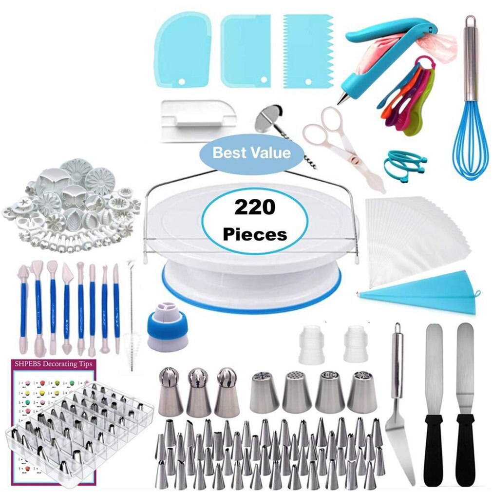220Pcs DIY Cake Decorating Bakery Tools Kit Cake Turntable Nozzle Set Pastry Tube Fondant Tool Kitchen Dessert Baking Supplies