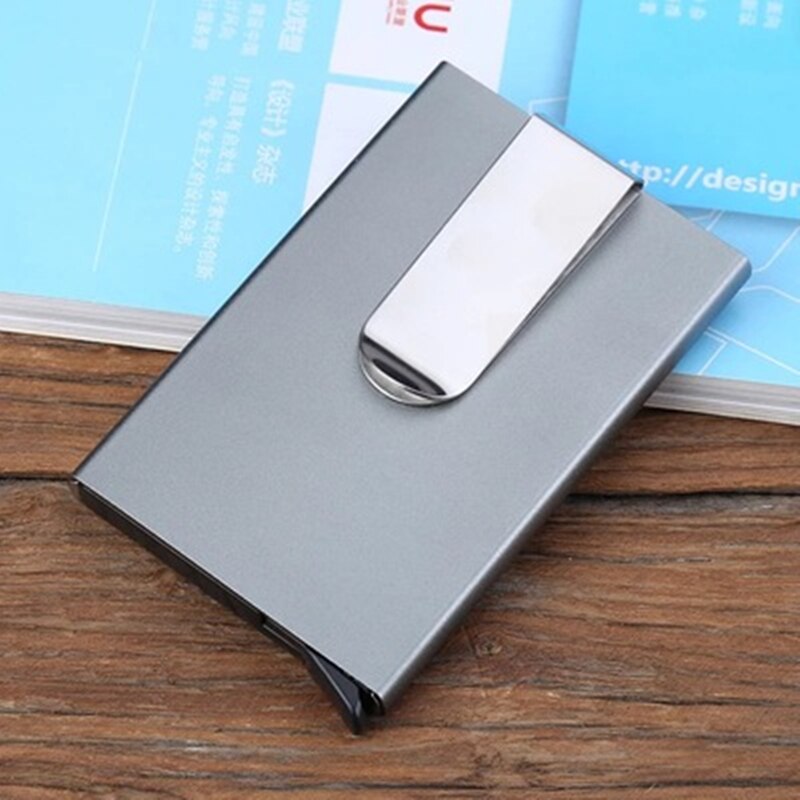 Mannen Metalen Kaarthouder Vrouwen Effen Kleur Lederen Aluminium Bank Credit Card Houder Visitekaartje Case Automatische Pop Up Minimalistische: gray