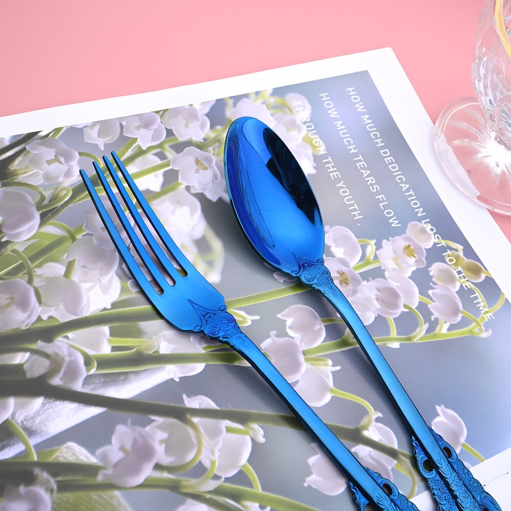 24Pcs Blue Cutlery Set Knives Fork Tea Spoon Dinner Tableware 304 Stainless Steel Dinnerware Set Kitchen Flatware Silverware