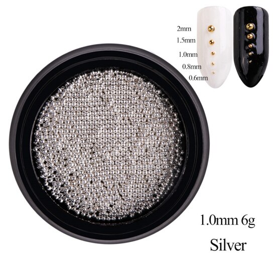 1 boîte de perles en acier Mini Caviar décoration d'ongle 0.6/0.8/1/1. 5/2mm point rond gris Rose or argent poussière Nail Art bricolage vernis à ongles CH031-1: Silver 1.0mm
