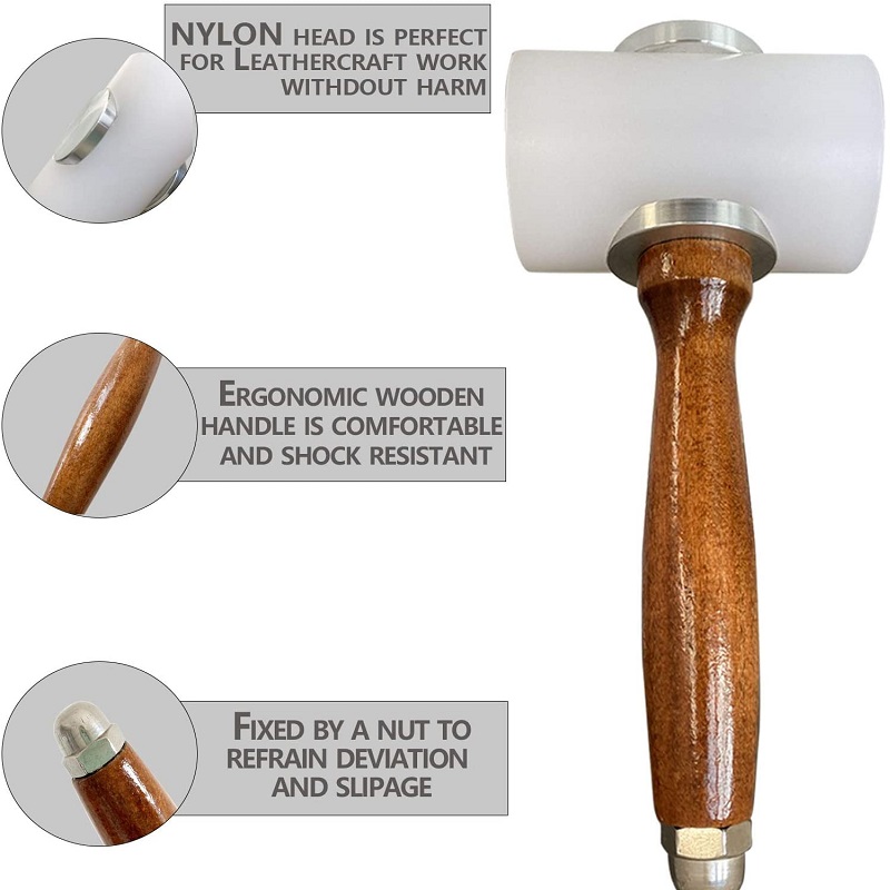 Martillo para tallado de cuero, mazo Artesanal de cuero, herramienta de costura para estampado de piel de vaca, punzón de mango de madera recta con cabeza en T de nailon