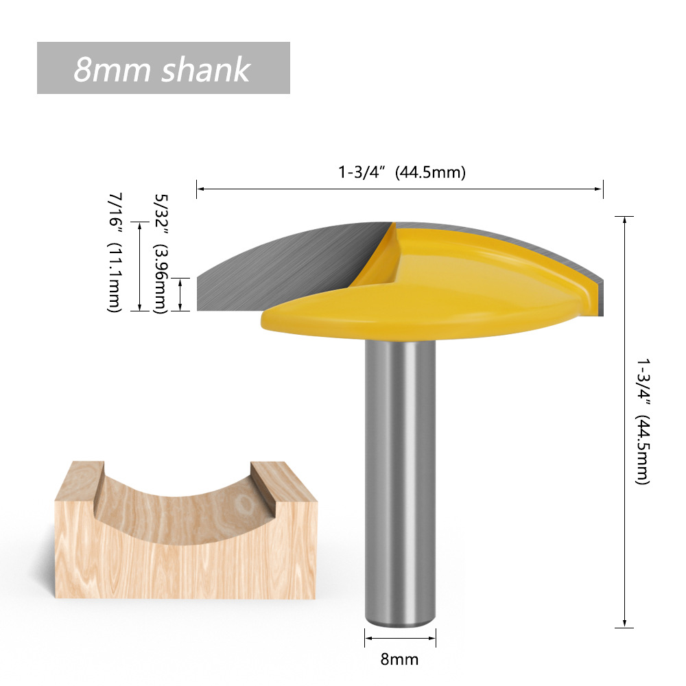 1Pc 6Mm 8Mm 1/4 &quot;Shank 1-3/4&quot; Breed Kleine Kom Router Bit 1.65 &quot;radius Concave Radius Frezen Hout Werk Kroon: 8MM Shank