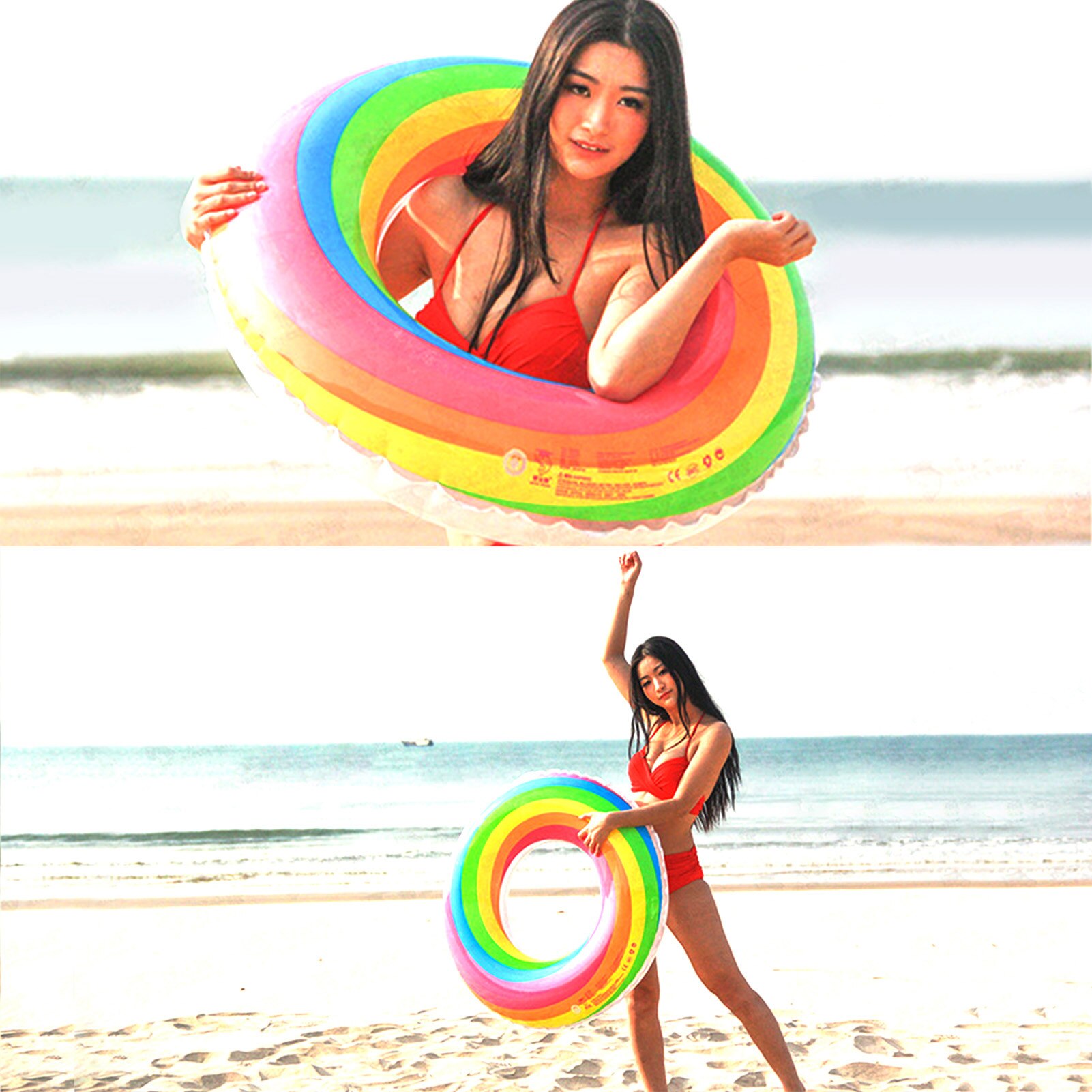 Rainbow Inflatable Swimming Ring Swim Float Colorful Pool Floats PVC Swim Ring For Adults & Kids Summer Beach Water Fun Toy