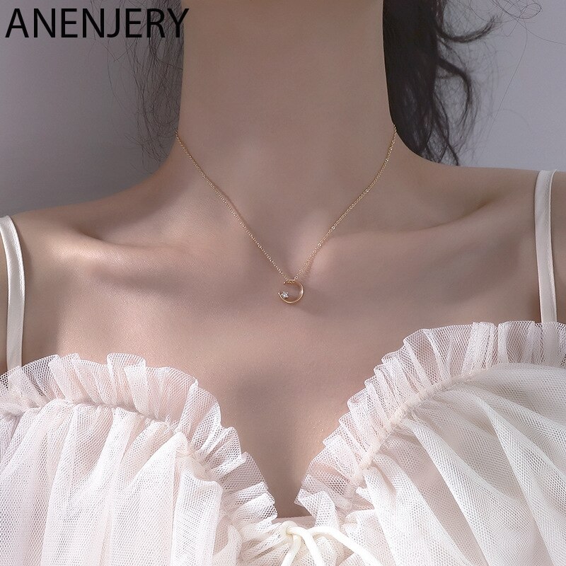 ANENJERY Minimalist Cubic Zircon Moon Pendant Necklace for Women Daily Jewelry Three Colors S-N654