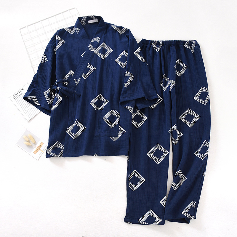 Geometrische aufbringen Herren Kimono Schlafanzug Anzug Haut-freundliche Baumwolle Krepp Japanischen Lange ärmeln Hosen Männer Leben Kleidung Nachtwäsche: cyan-Blau / XL