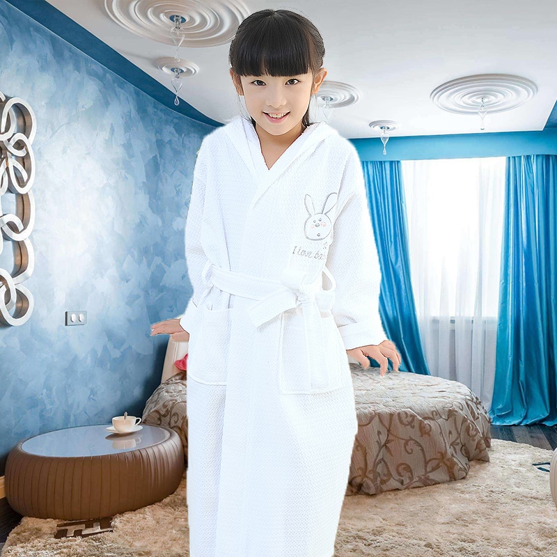 Children Hooded Bathrobe waffle Kids Boys Girls Cotton Lovely Robes Dressing Gown Kids Homewear Sleepwear with Belts summer