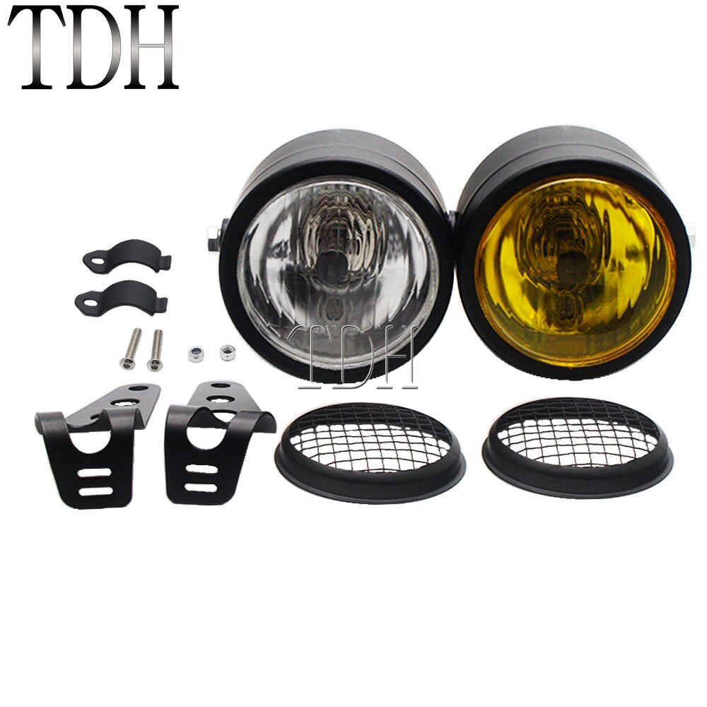 Motorcycle Retro Headlight Mesh Grill Twin Dual Cafe Racer Front Head Light Lamp Bracket Mask Kits For Harley Dirt Bikes: D yellow clear