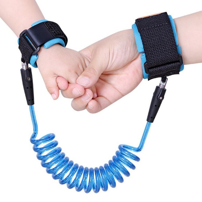 Blue PU&Stainless Steel Contraction Toddler Safety Harness Child Safty Wrist Link Anti-lost Child Belt Adjustable