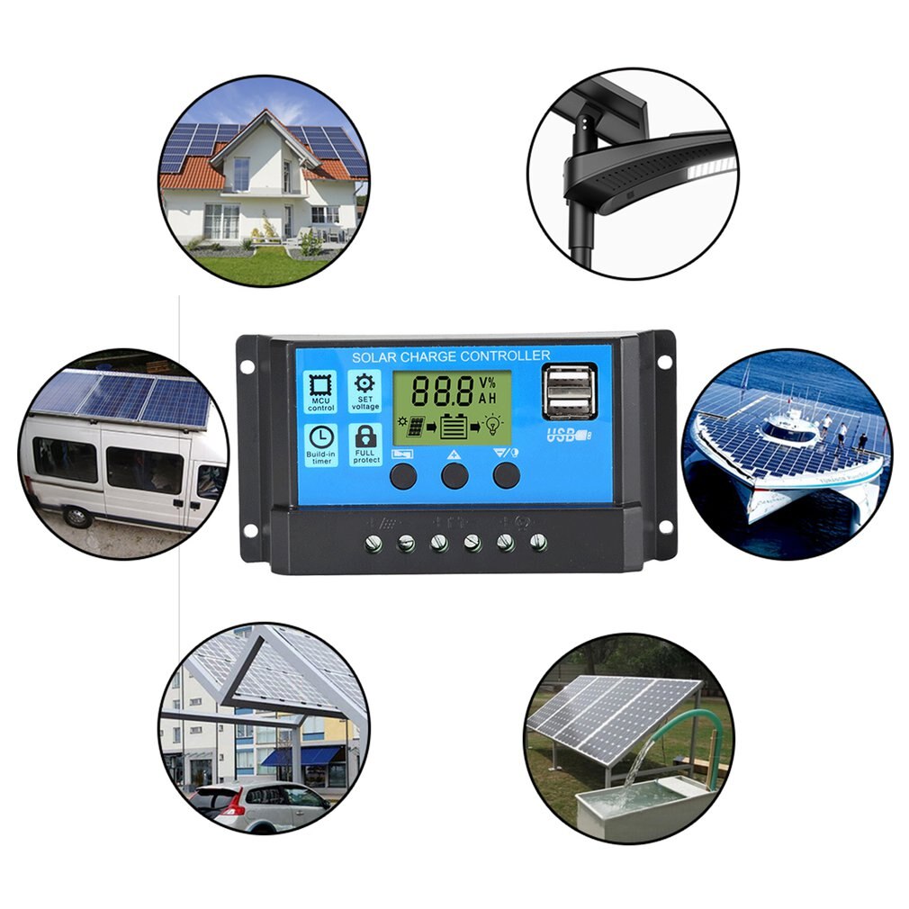 10A/20A/30A Auto Solar Charge Controller 12V 24V PWM Controllers LCD Dual USB 5V Output Solar Panel PV Regulator