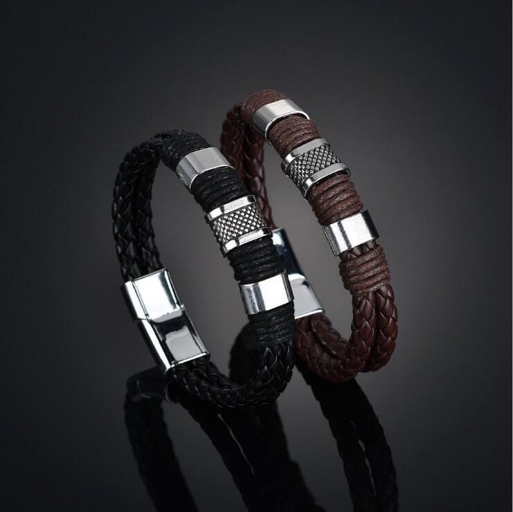 Black Men PU Leather 1PC Punk Boys Unique Zinc Alloy Weave Knit Brown charm Bracelet