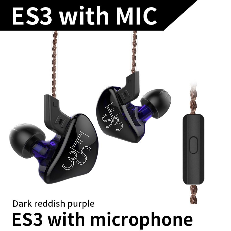 Kz  es3 1ba+1dd in-ear oortelefoon dynamische driver hifi sport ruisonderdrukkende headset vervangende kabel kz  es4 zs3 zst  zs6 as10 zsn: Paars met microfoon