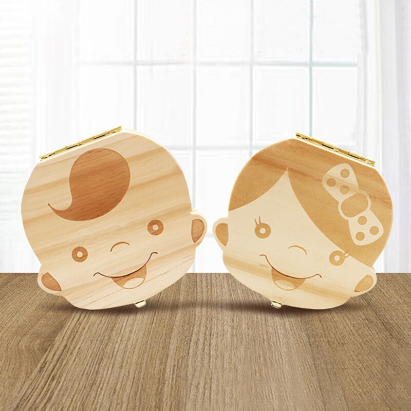 Wooden Baby Kids Tooth Storage Box English Milk Teeth Umbilical Lanugo Organizer Keepsakes Save