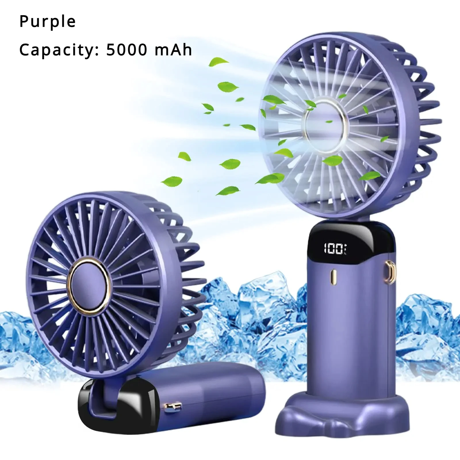 Ventilador Portátil 5000mAh Recargable 90 ° Mini aire acondicionado plegable de 5 velocidades, ventilador pequeño, enfriador de aire con pantalla digital LED: Plata