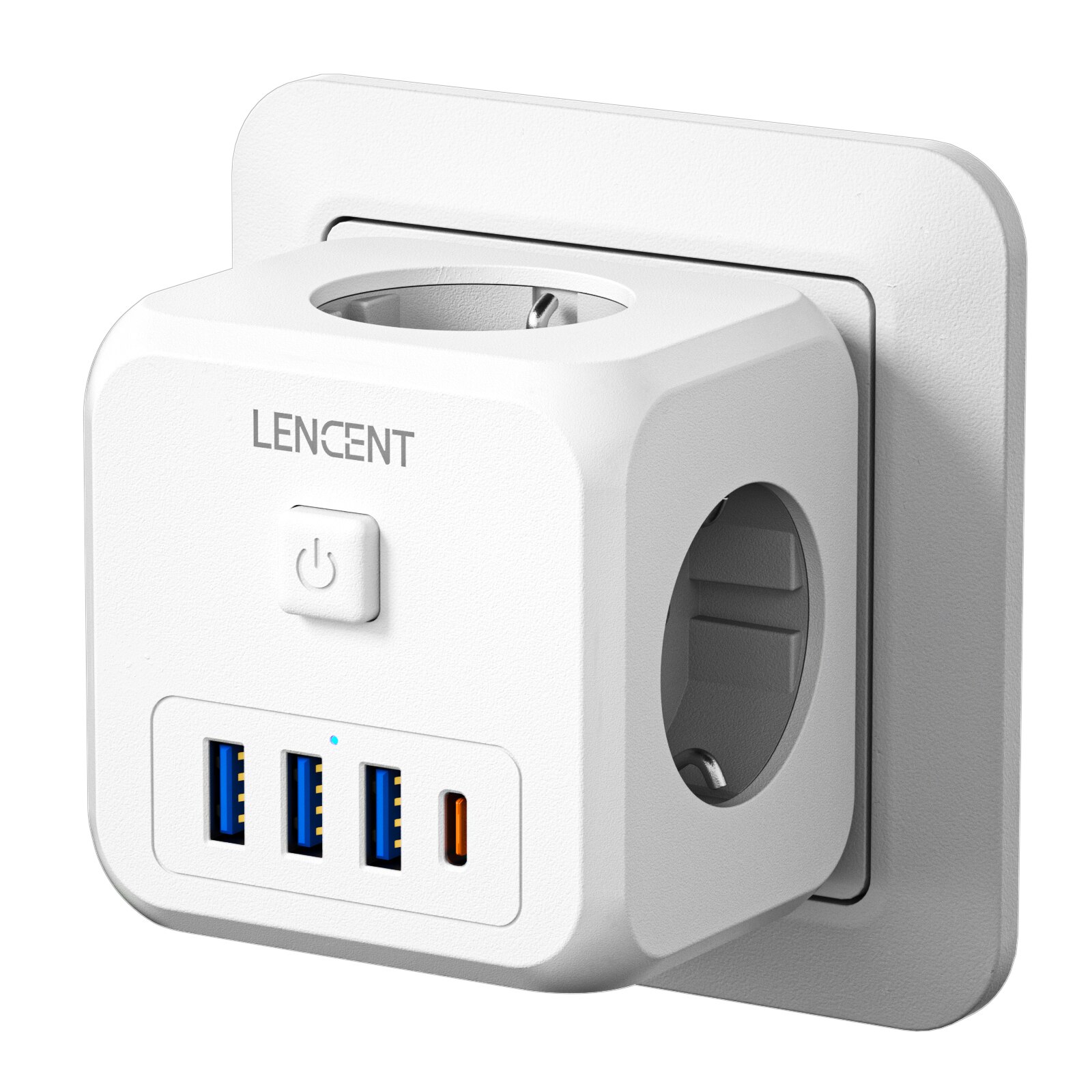 LENCENT Wandsteckdosen-Verlängerung mit 3 AC-Steckdosen, 3 USB-Anschlüssen und 1 Typ C 7-in-1 EU-Stecker-Ladegerät Ein/Aus-Schalter für Zuhause: Weiß