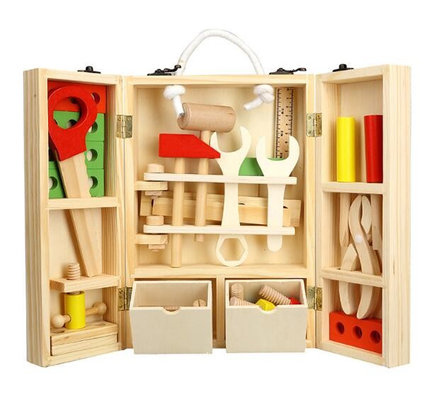 Wooden blocks DIY portable multi-function simulation toolbox set combination children's puzzle play house disassembly toys