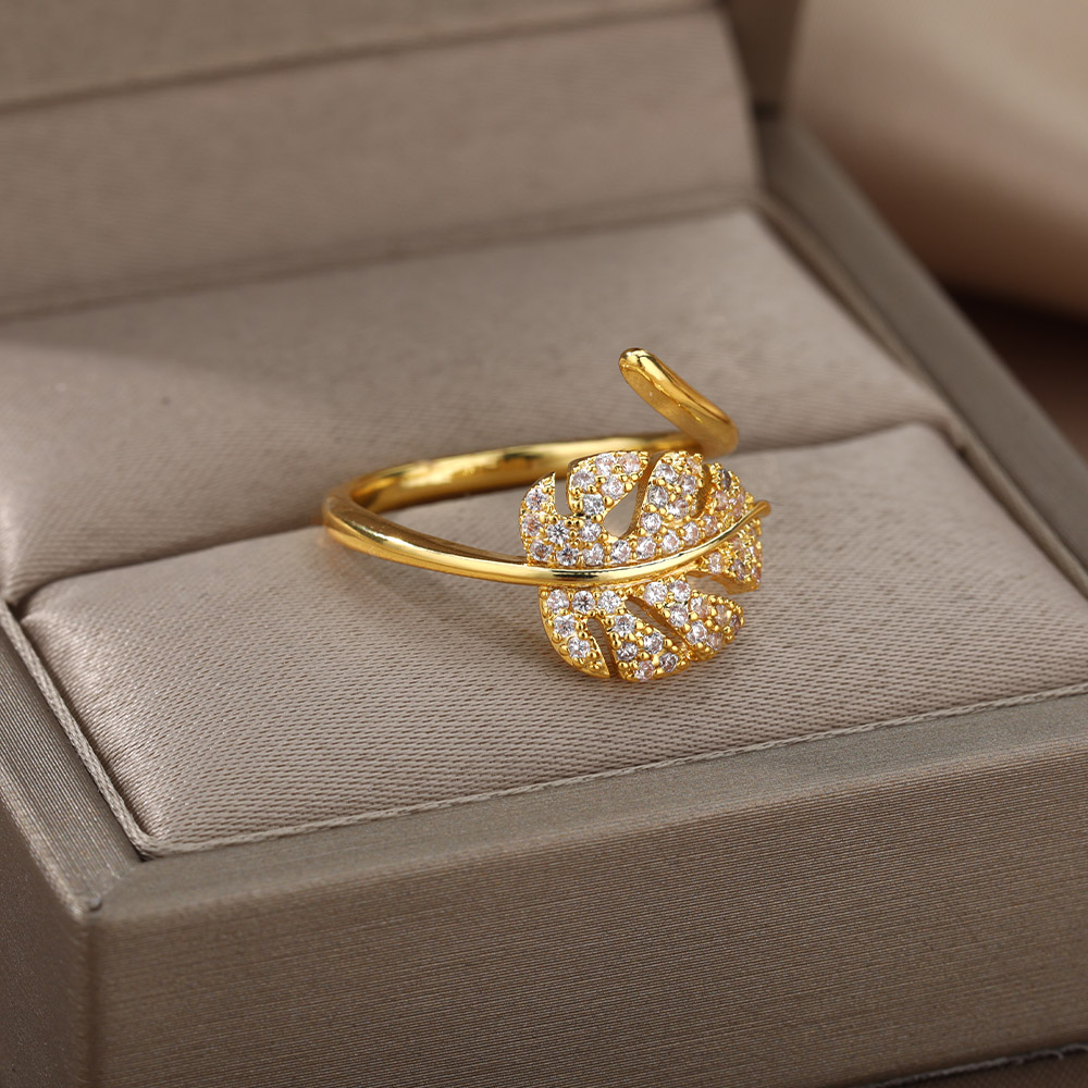 Palmenblattförmige ringe für damen, edelstahl, zirkonia, verstellbarer fingerring, partyschmuck, Schmuckstück femme