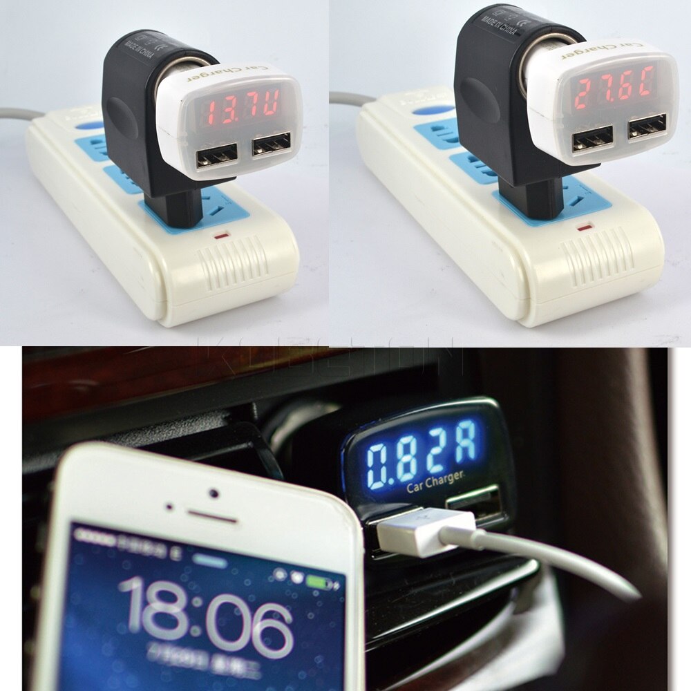 Universal 4 in 1 Car Charger Dual USB DC 5V 3.1A Adapter With Voltage/temperature/Current Meter Tester Digital LED Display