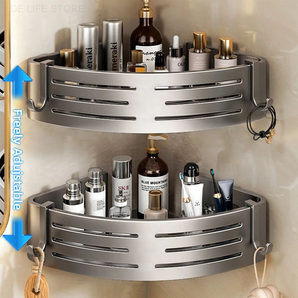 1-2PCS Badezimmer Eckregal mit Kunststoff Haken Handtuchhalter Kein Bohrenraum Aluminium Dusche Lagerregal Badezimmer Organizer