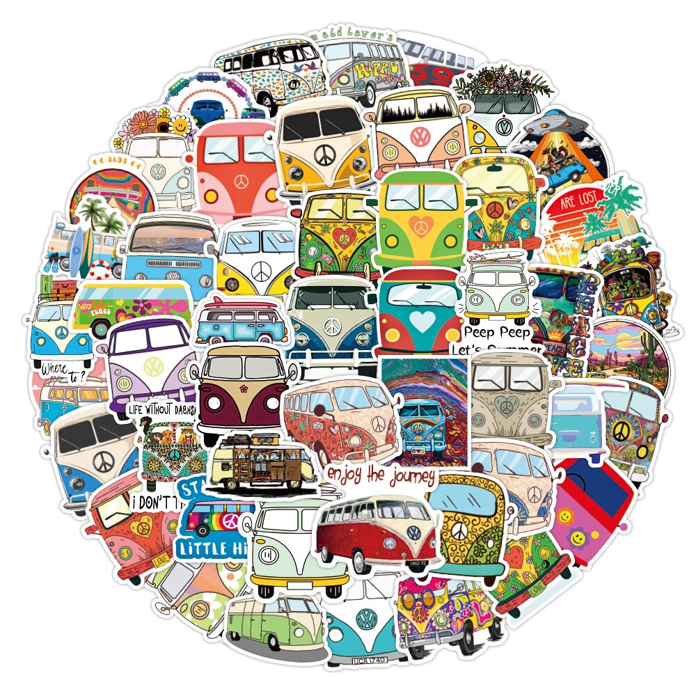 10/30/50 stück hippie-bus-auto-graffiti-aufkleber, wasserfest, für gepäckfach, notizbuch, roller, kühlschrank, wasserbecher, großhandel
