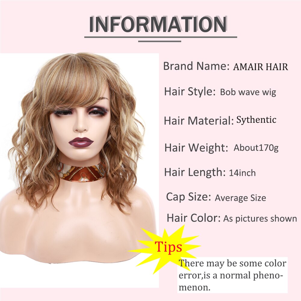 Amir syntetisk blonde krøllete parykker med smell black wave bob parykk for kvinner skulderlangt hår parykker cosplay