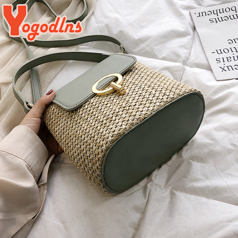 Yogodlns bolsas femininas de palha pequena, artesanais, balde, para viagem, bolsa de ombro