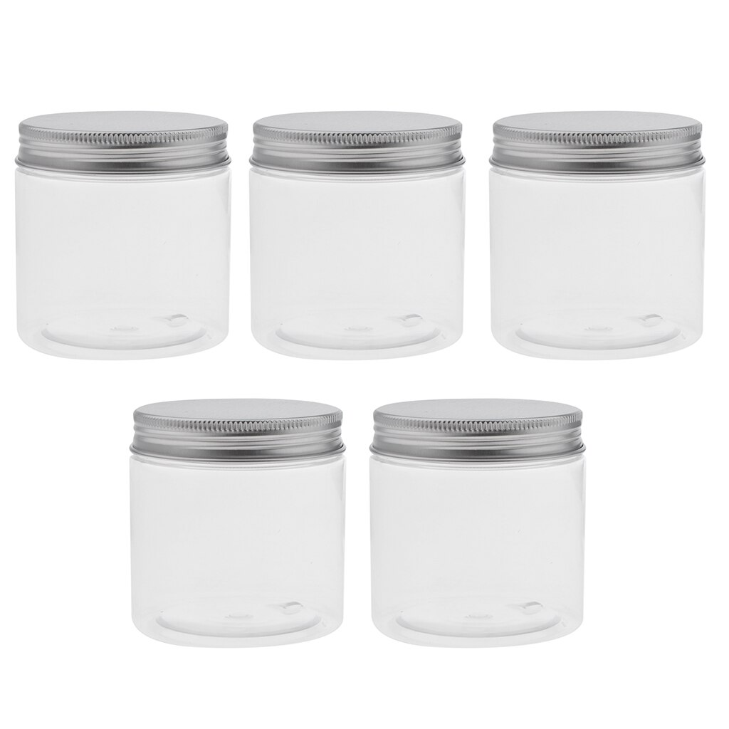 Set van 5 doorzichtige plastic potjes/potjes 200ml aluminium schroefblikken, make-upcontainers, lege flesjes voor lotion, balsem, tea tree-olie en honing.