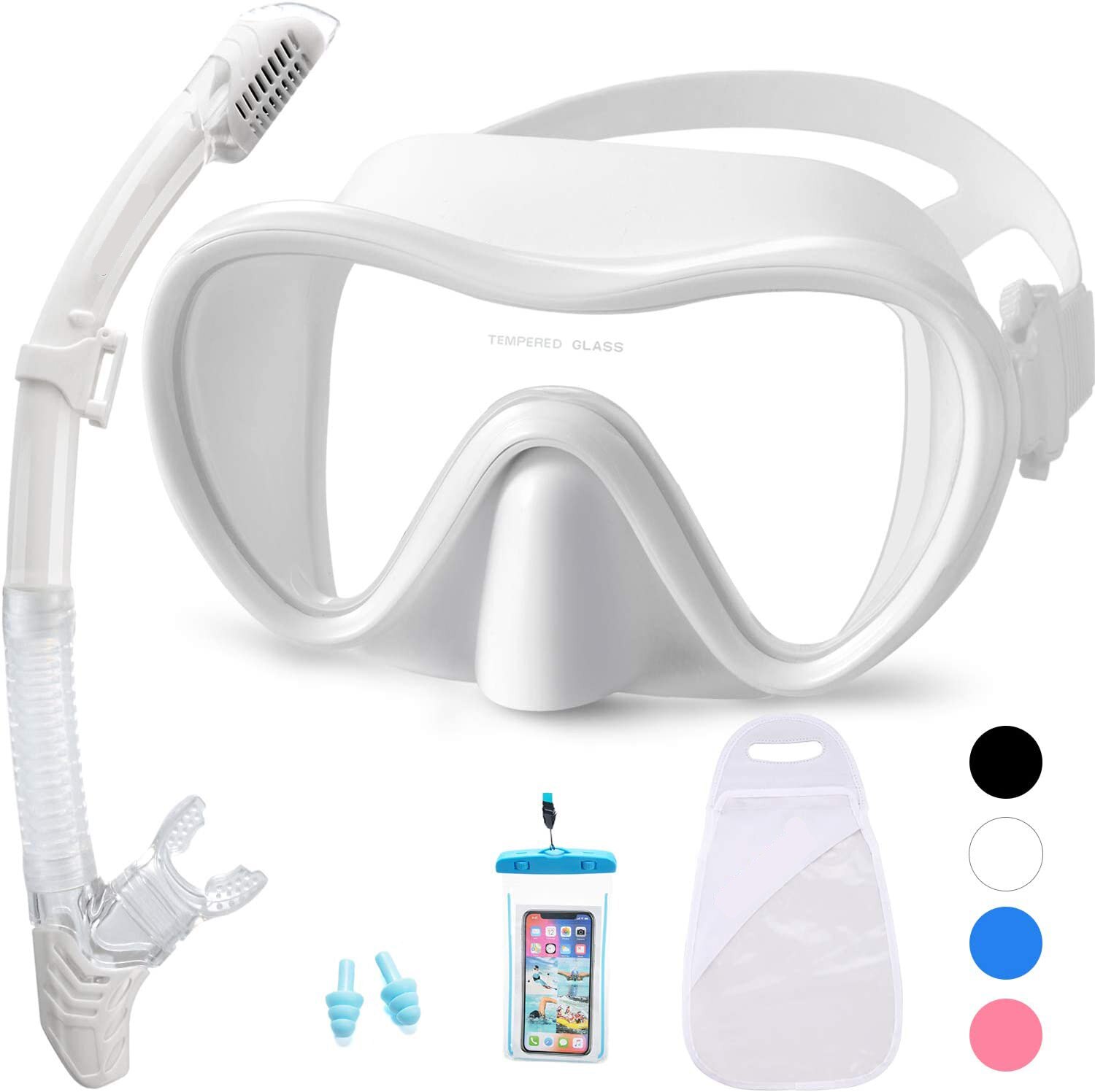Duikbril Snorkel Set Met Waterdichte Draagtas Snorkelen Masker Met Slagvast Panoramisch Gehard Glas Zwemmen Volwassen: White