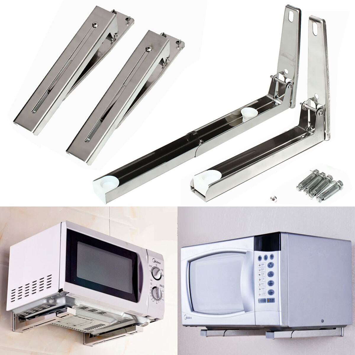 2x Stainless Steel Foldable Microwave Oven Shelf Rack Support Frame Stretch Adjustable Wall Mount Bracket Stand Kitchen Storage