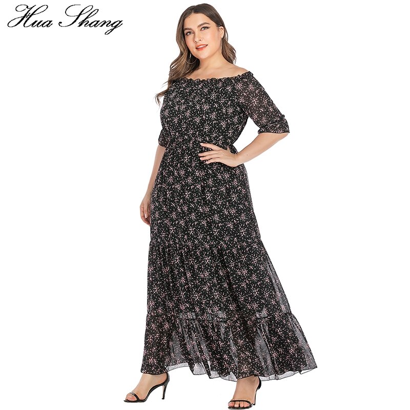 Off Shoulder Jurk Plus Size Zomer Vrouwen Slash Hals Bloemenprint Ruches Chiffon Boho Jurk Maxi Lange Tuniek Strand jurken