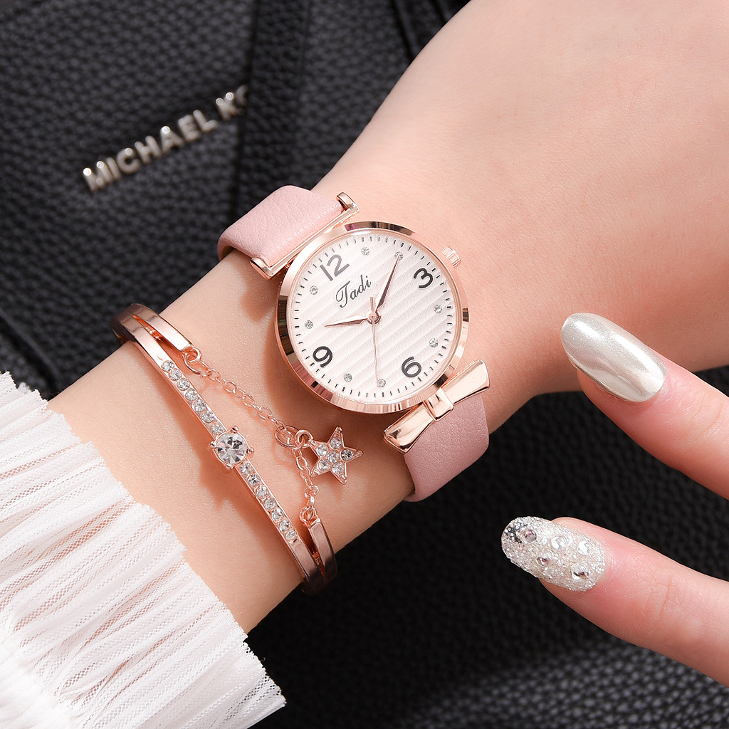 Top Brand Dress Female Watches Simple Rhinestone Woman's Watch Bracelet Set 2PCS Leather Ladies Wristwatch reloj mujer