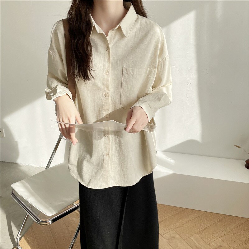 HSA Women Pure Cotton Blouses Trun Down Collar Solid Color Oversized Pocket Blusa Female Shirts Blue Spring Blusas: MYL8308 Light yellow