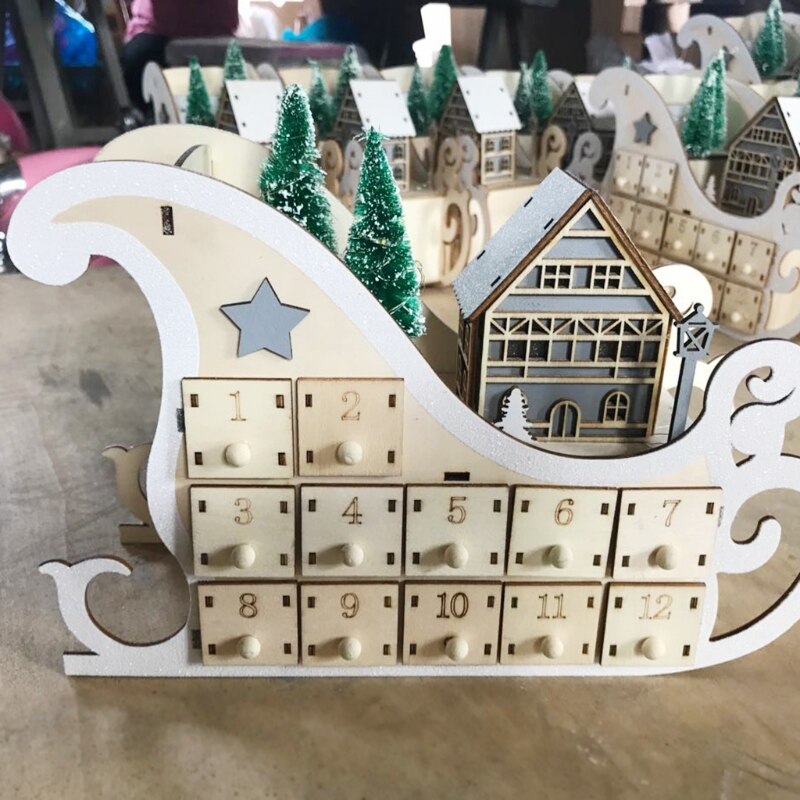 Maison d&#39;arbre en bois avec lumière LED, calendrier de l&#39;avent, compte à rebours, décor de fête de noël, 24 tiroirs