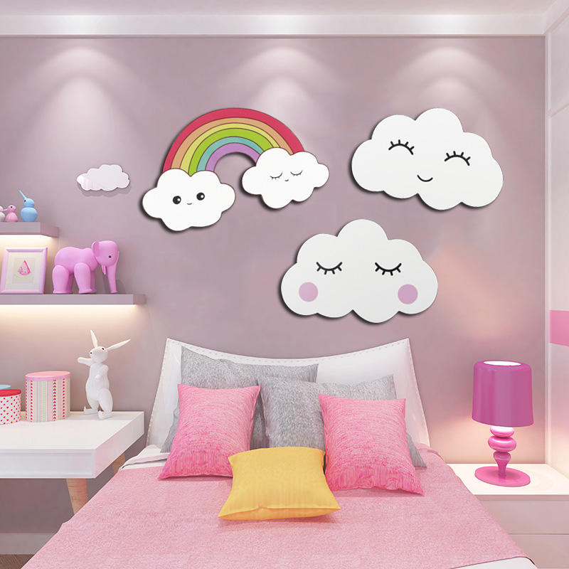 Beautiful 3D DIY Rainbow Clouds Wall Poster Stickers Bedroom In Wall Sticker Kids Room Home Decor Wood Plate Wooden Wall Decor