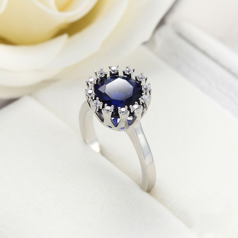 Anillo de compromiso de Color plata auténtica para mujer, joyería de boda, 1Ct, azul, CZ