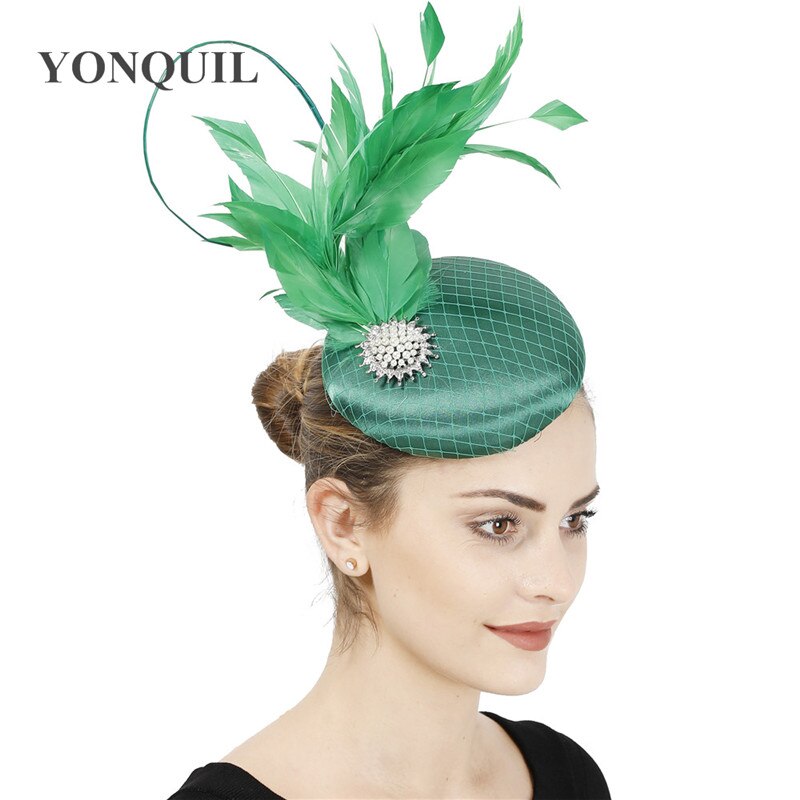 Satin Green Wedding Fascinator Hat Bridal Headpiece With Fancy Feather Hair Accessories Formal Chuch Occasion