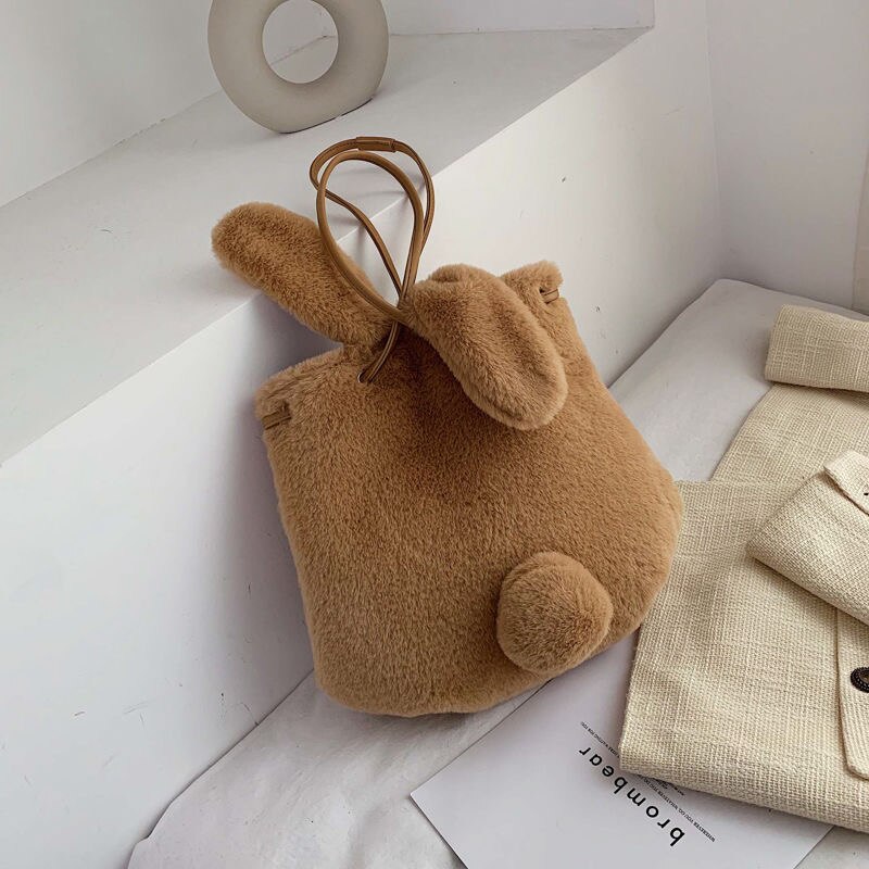 Søt plysj veske kvinnelig høst og vinter messenger bag skulder bunny ører plysj veske bærbar bøtte veske: Brun