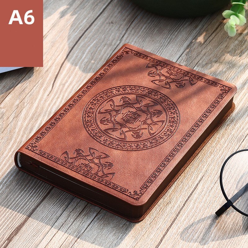Portable mini notebook small notepad Exquisite printing book Students learn to write and office notebooks Leather A6 notebook: Brown pattern