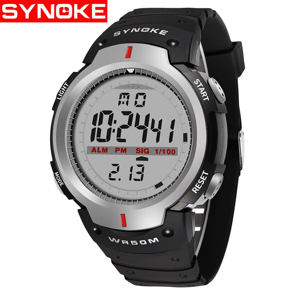 Synoke Sport Horloge Mannen 30M Waterdichte Led Digitale Elektronische Horloge Mannen Outdoor Heren Sport Pols Stopwatch Sport Horloges: Grey