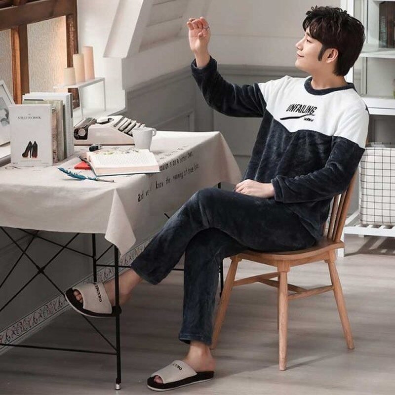 Winter Men Long Sleeve Flannel Pajamas Set Round Neck Letter Pattern Thick Coral Velvet Sleep Wear Male Warm Pyjamas Set