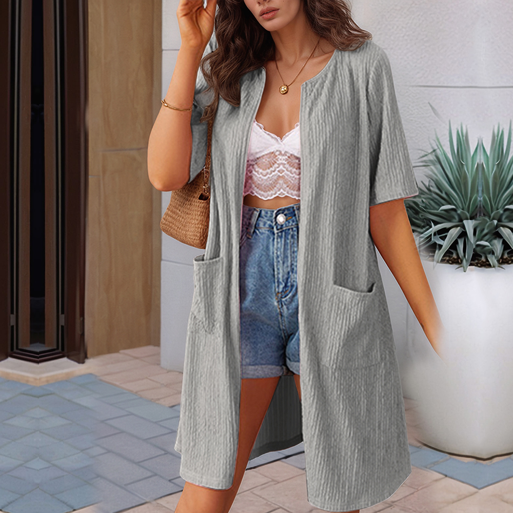 Albornoz de punto de manga corta para mujer con bolsillos, bata con cremallera, vestido de casa, ropa de dormir, camisón: L / Gris