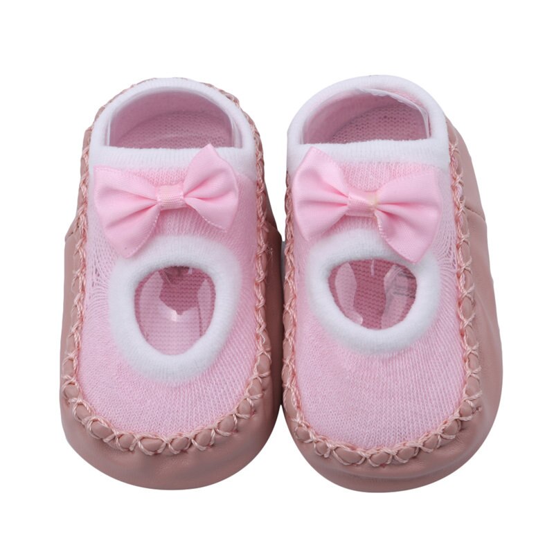 0-3 jaar oude kindervloersokken lente zomer antislip leren onderkant babyschoentjes strik meisjessokken: Roze
