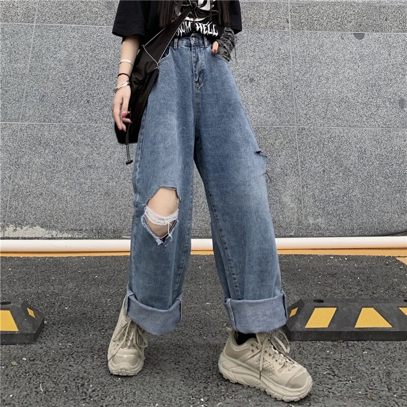 Shengpalae Zomer Casual Jeans Vrouw Lange Broek Cowboy Vrouwelijke Losse Streetwear Ripped Jeans Rechte Broek ZA4413