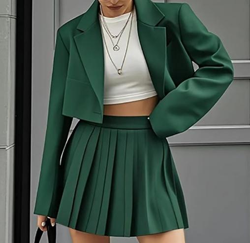 Elegante kurze Blazer-setzt für Damen, bauchfreie Blazer, Jacken und modischer Falten-Minirock, 2-teiliger Anzug für weibliche Outfits, Streetwear: XL / Rosa