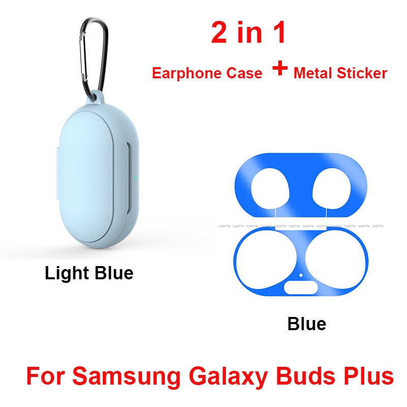 2 in 1 Soft Silicone Protective Case Cover For Samsung Galaxy Buds Plus Metal Colorful Sticker For Samsung Galaxy Buds Plus: 2 in 1 Light Blue
