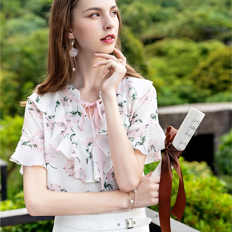 Garemay blommig blus med blommor tryck koreansk flare ärm chiffong volang vit kvinnor sommar toppar och blus chemisier femme
