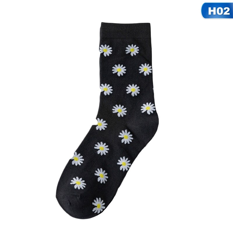 1pair Spring Summer Long Tube Cotton Socks Sweat-absorbent Casual Sports Socks Small Daisy Black Breathable Tube Socks: H02
