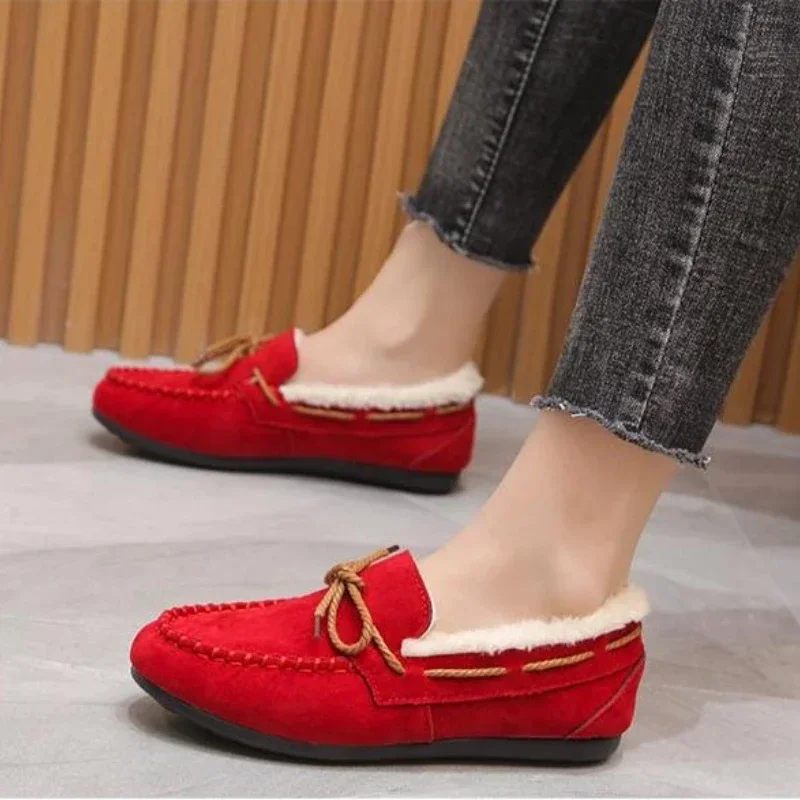 Vinterskor dam casual platta skor dammockasiner mjuka loafers komfort varma plysch rosett slip on dambomullsskor
