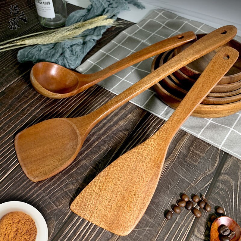 Juego de utensilios de cocina antiadherentes de madera de teca, espátula, pala, sopa, cuchara de arroz, herramienta de cocina, vajilla, 1 ud.
