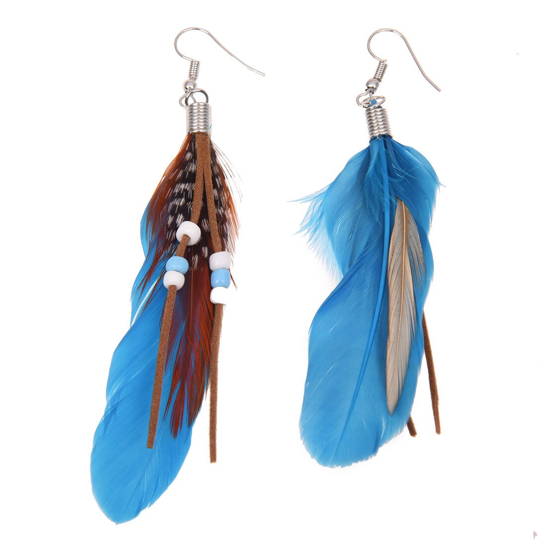 Pair Blue Feather Faux Bead Decor Fish Earrings Jackets for Ladies