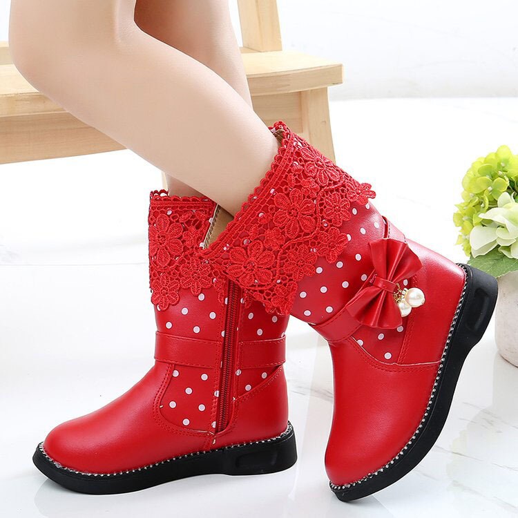 Bottes chaudes en coton pour filles, chaussures d'hiver à la pour enfants, bottes de neige en cuir PU avec dentelle et nœud papillon: Rouge / 36